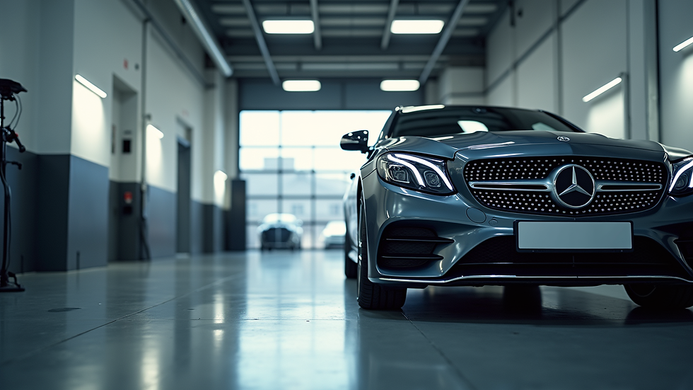 Eye-level view of a Mercedes-Benz car inside a professional service garage