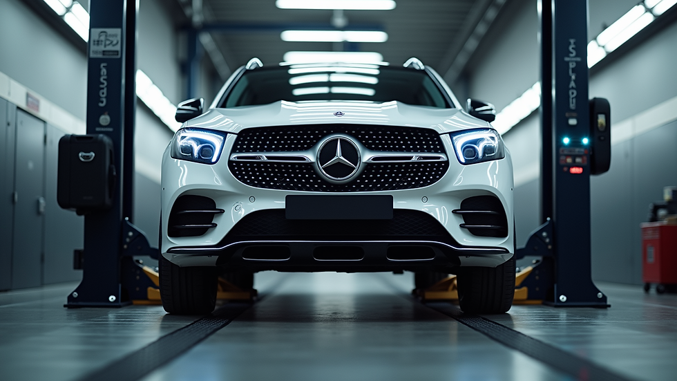 Eye-level view of a Mercedes-Benz vehicle on a service lift in a garage