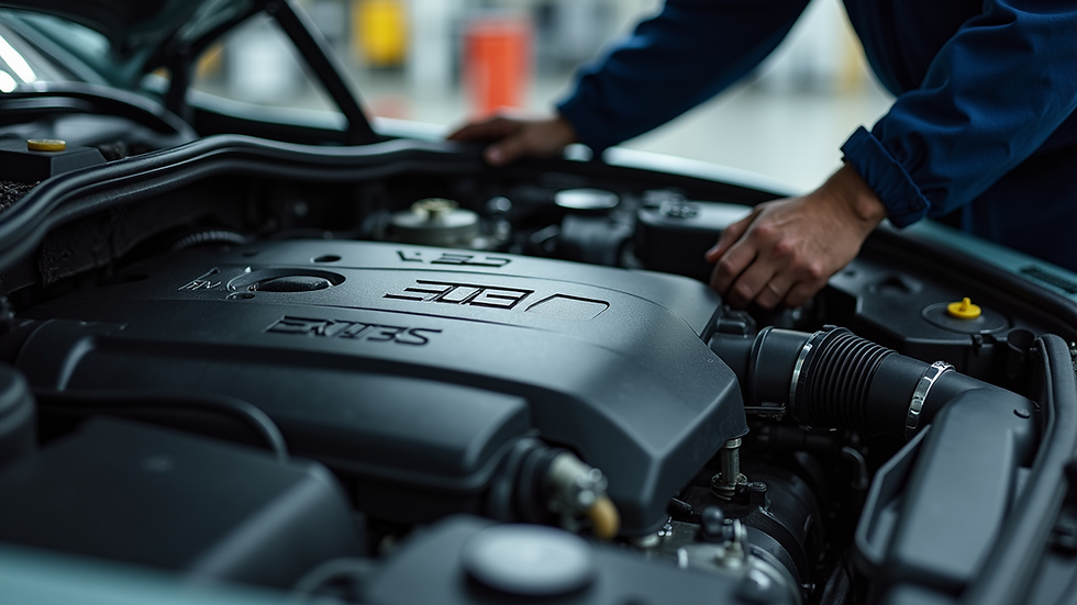 Close-up view of a Mercedes-Benz engine being inspected by a mechanic