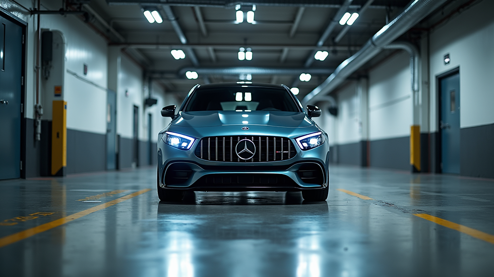 Eye-level view of a Mercedes B-Class parked inside a specialist garage