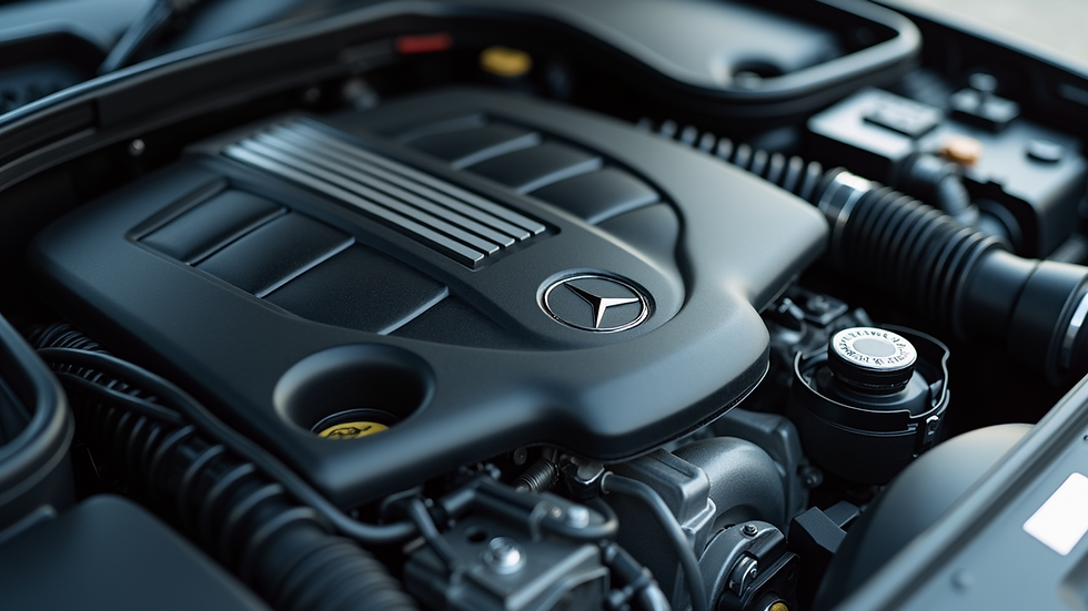 Close-up view of a Mercedes Benz engine with clean components