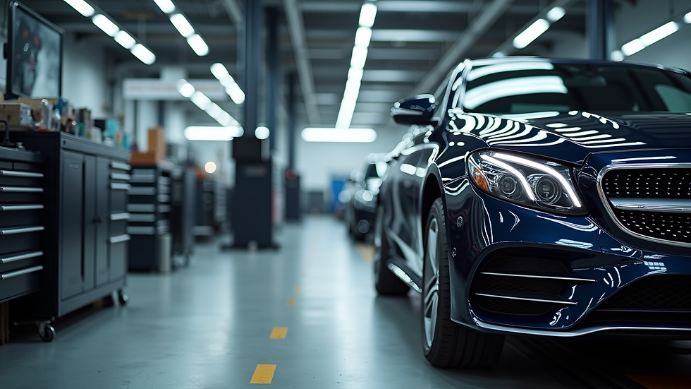 Eye-level view of a Mercedes-Benz workshop with a car on a lift