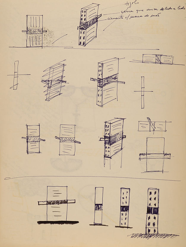 Página de estudos a nanquim de Carlos Zílio, com múltiplos esboços de uma forma vertical retangular, como uma coluna ou totem, vista de frente e em perspectiva. Uma faixa horizontal atravessa o meio de cada forma, com hachuras e traços em ziguezague. Anotações manuscritas identificam os materiais: "tijolo", "serra que cruza de lado a lado" e "cimento c/ marca de mãos". Na base da página, quatro variações da forma com densidades crescentes de pontos, a última com a base preenchida em preto.