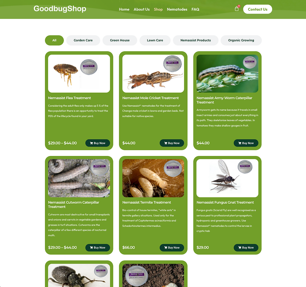 Website menu for GoodbugShop featuring nematode treatments. Images of insects, treatment descriptions, prices, and "Buy Now" buttons on green cards. beneficial insects pest control port macquarie eco safe