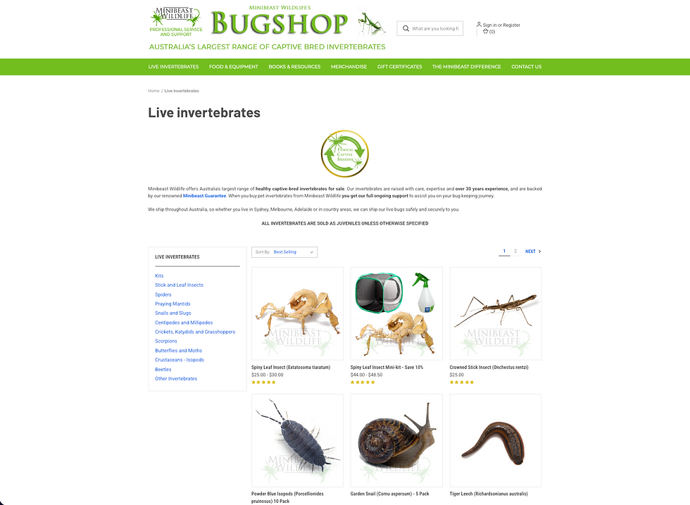 Online shop page for "Live Invertebrates" with images of insects, snails, and leeches. Offers and prices displayed. Green/white theme. beneficial insects pest control port macquarie eco safe