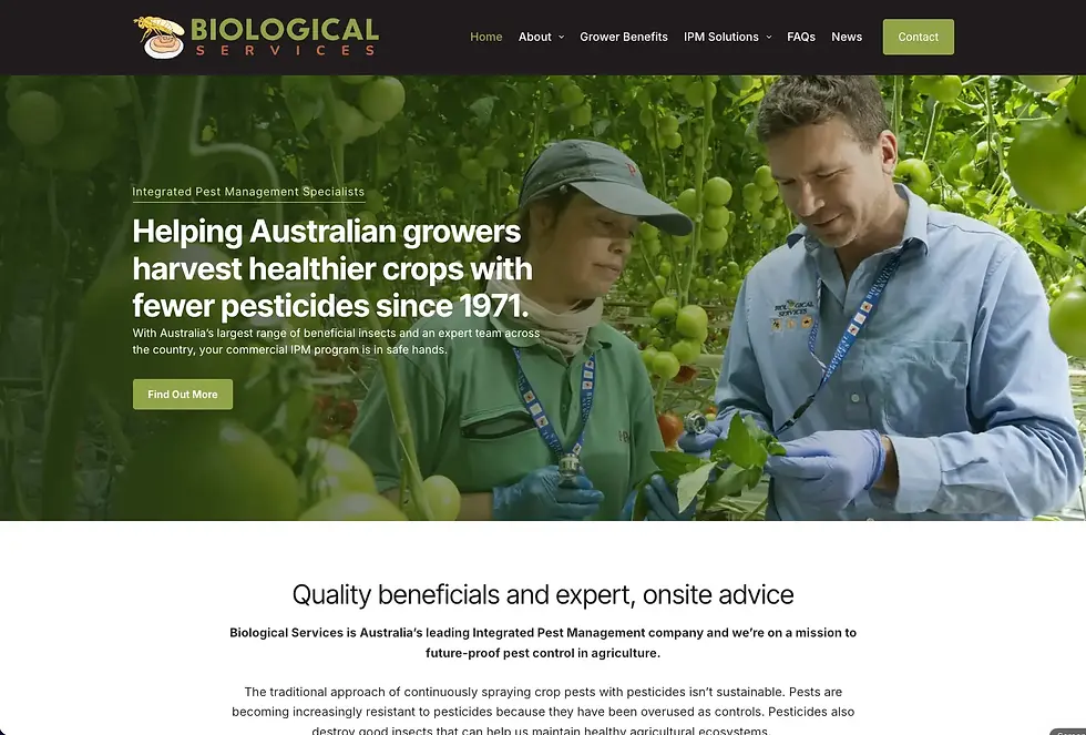 Two people examine plants in a greenhouse. Text reads: Helping Australian growers harvest healthier crops with fewer pesticides since 1971. beneficial insects pest control port macquarie eco safe