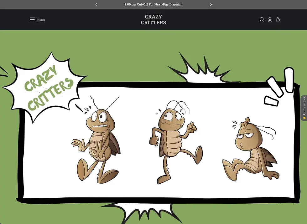 Cartoon critters in comic style panel; one anxious, one strutting, one grumpy. Green background, "Crazy Critters" text bubbles. beneficial insects pest control port macquarie eco safe