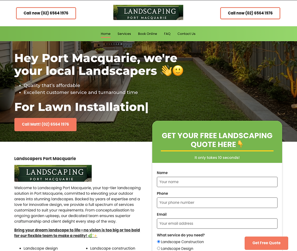 Landscaping service webpage for Port Macquarie. Features contact info, free quote offer, and highlights lawn installation services with emojis. Natural Pest Control port Macquarie