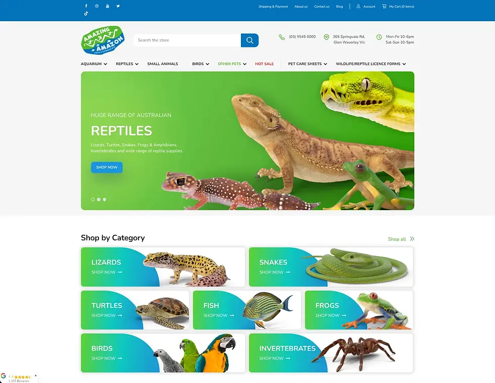 Online pet store homepage featuring reptiles like snakes and lizards on a green background. Categories include lizards, turtles, fish, and more. beneficial insects pest control port macquarie eco safe