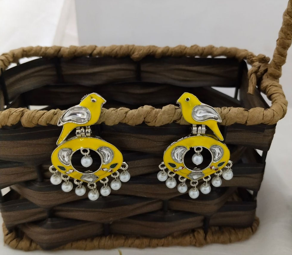 Thumbnail: Yellow Bird Oxidized Silver Minakari Handpainted Artistic Stone Royal Beaded Earrings