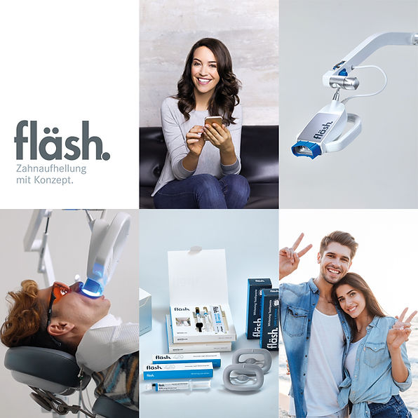 Das Bild ist eine Collage, die aus sechs Teilen besteht. Oben links befindet sich das Logo „fläsh.“ mit dem deutschen Slogan „Zahnaufhellung mit Konzept.“ Daneben sitzt eine lächelnde Frau auf einer Couch und hält ein Smartphone in der Hand. Rechts oben ist eine Zahnaufhellungslampe mit der Aufschrift „fläsh“ abgebildet. Unten links ist eine Person mit Schutzbrille abgebildet, die sich mit einer ähnlichen Lampe einer Zahnaufhellungsbehandlung unterzieht. Unten in der Mitte ist eine Reihe von Zahnaufhellungsprodukten und -zubehör abgebildet, die alle die Marke „fläsh“ tragen. Rechts unten ist ein glückliches junges Paar zu sehen, das lächelnd ein Friedenszeichen macht. Die gesamte Szene ist modern und sauber und wirbt für die Zahnweiß-Marke „fläsh“.