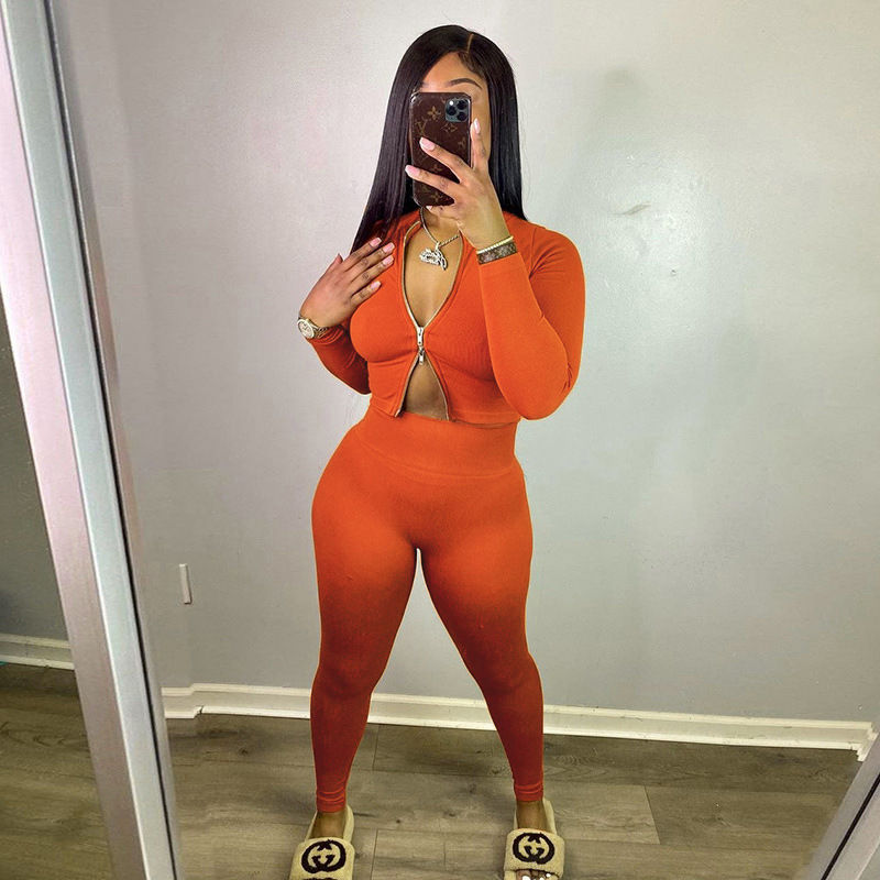 Stand Collar Zip Top & Slim-Fit Trousers Suit for Women