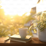 Coffee mug and plant on a table, symbolizing a calm, personalized approach to medication management.
