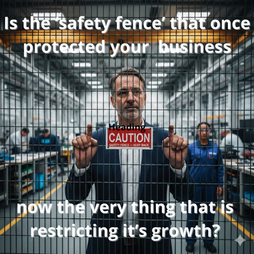 Shows a business owner trapped in his production area by a safety fence. Representing that the customer base that once was a safety for the business can easily become a liability.