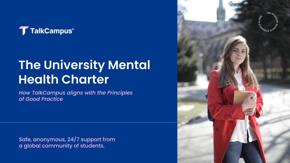 Text reading 'How TalkCampus aligns with University wellbeing charter principles' with a photo of a girl smiling on campus