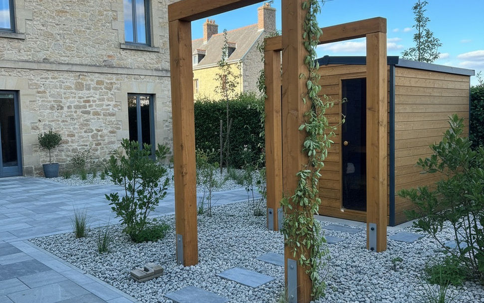 Designový rám z masivního dřeva do zahrady, dřevěná konstrukce pro houpačku, zahradní rám z dubu nebo modřínu, moderní zahradní architektura s dřevěnými hranoly, zakázková výroba dřevěných rámů do exteriéru