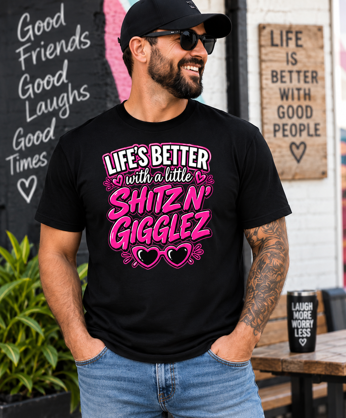 Man wearing Life’s Better with a Little Shitz n’ Gigglez funny graphic T-shirt