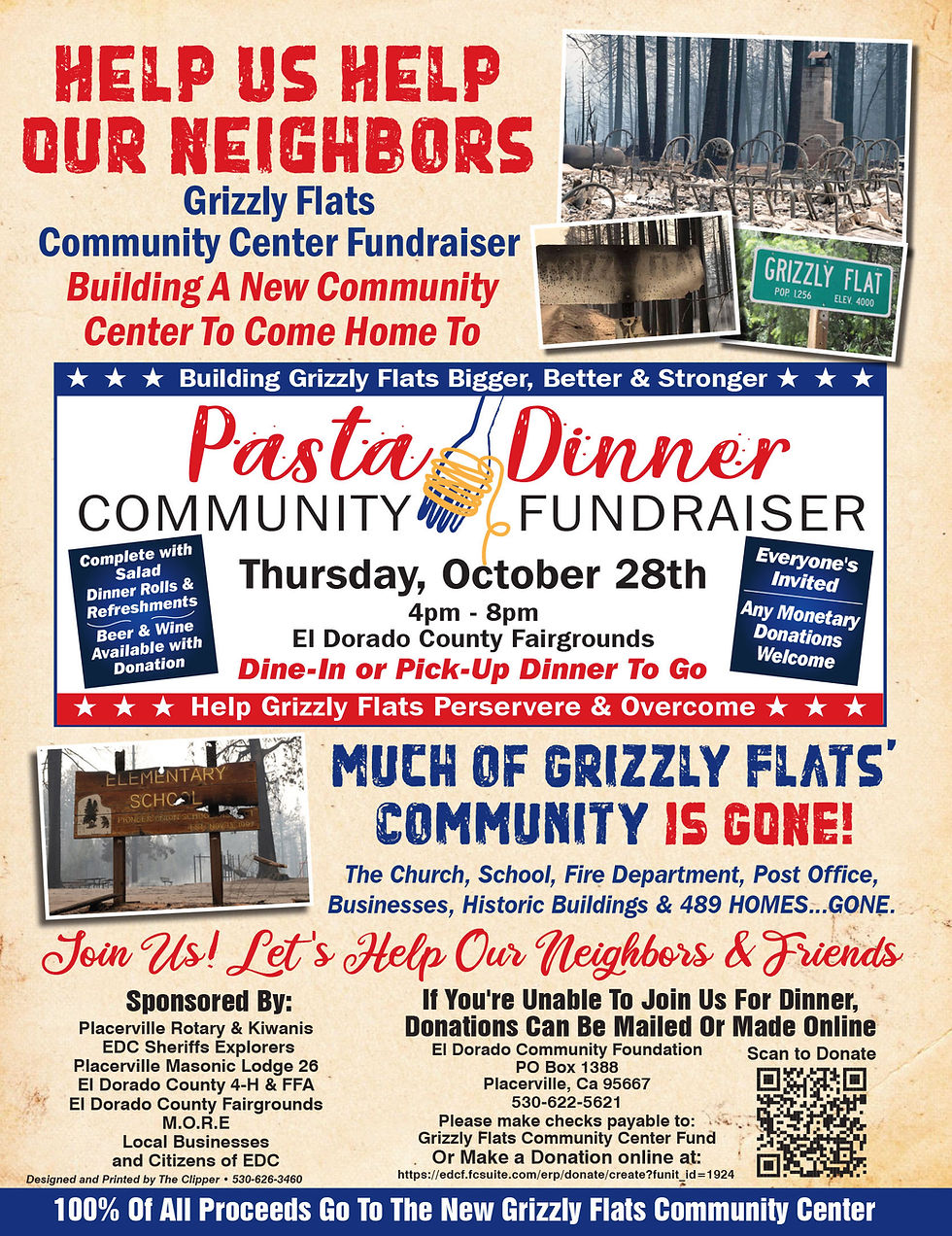 Advertisement published in The Clipper about a pasta dinner to help raise funds for the community of Grizzly Flats