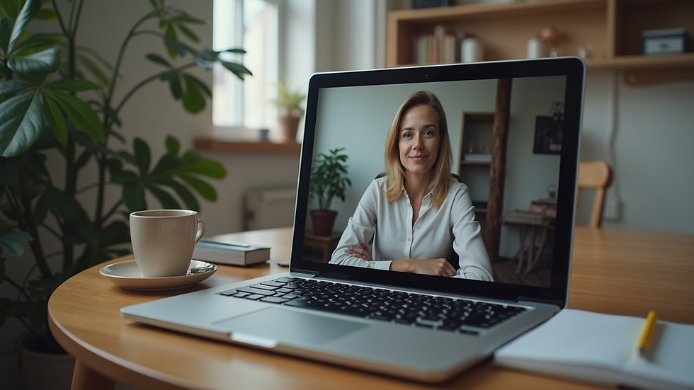 Close-up view of a laptop screen showing an online English coaching session