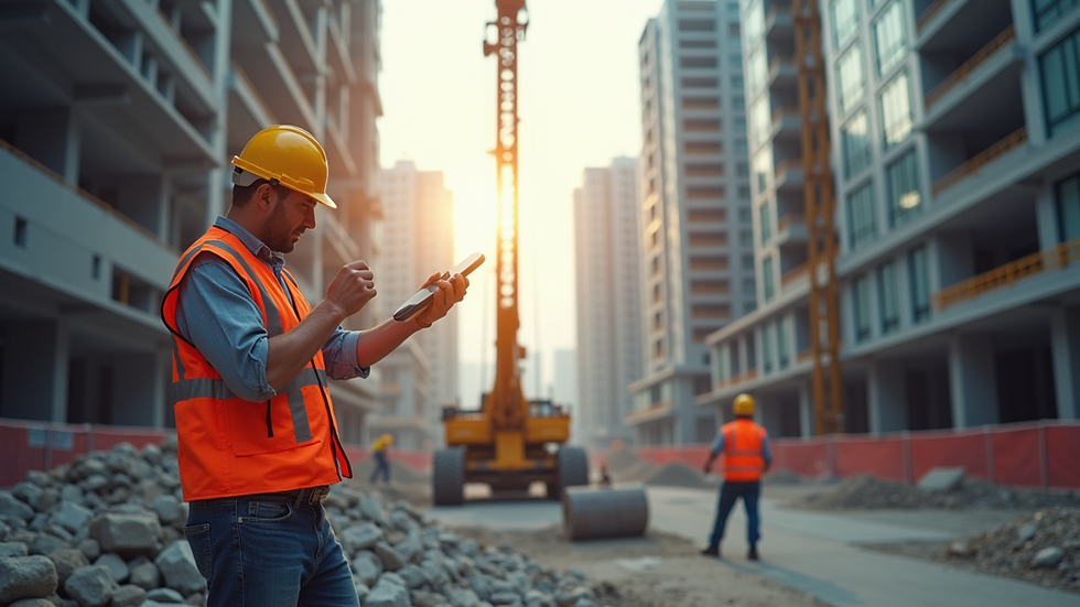Eye-level view of a modern construction site with workers in action