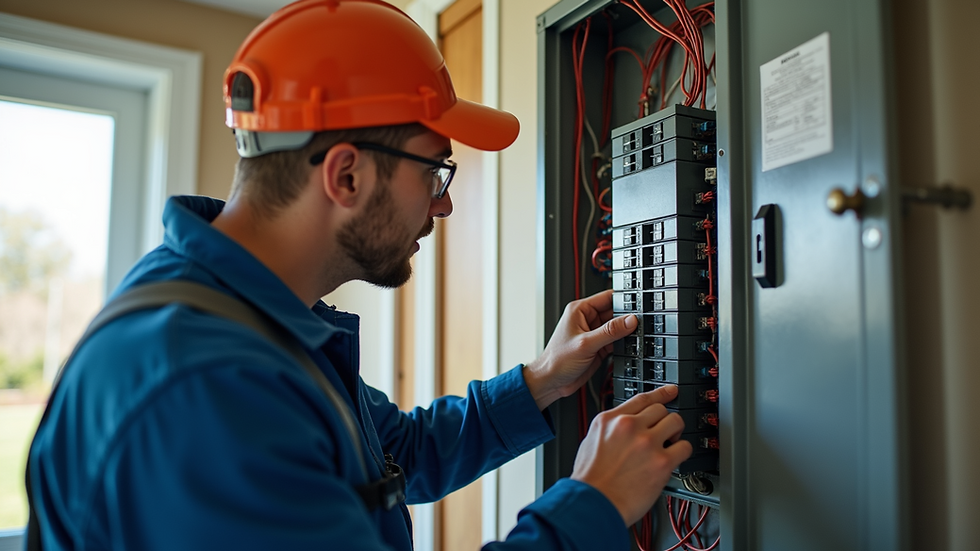 Eye-level view of a licensed electrician inspecting a home electrical panel