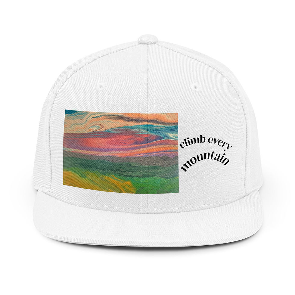 White snapback hat with mountain landscape, 'Climb Every Mountain'