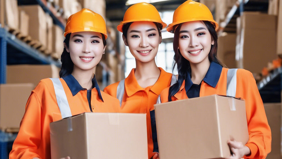 group of good looking smiling asian female warehouse workers holding parcel boxes and wear