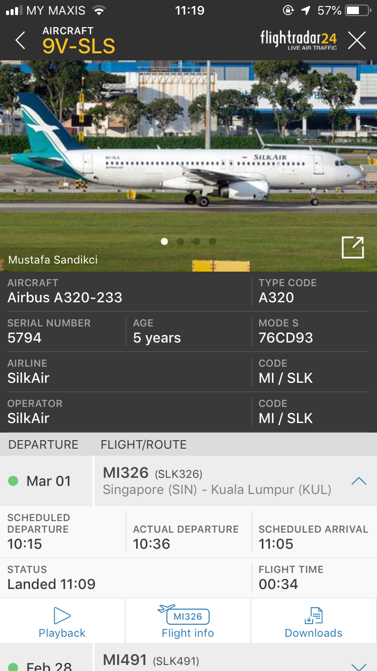 シルクエアー A320 Flightrader24 スクリーンショット