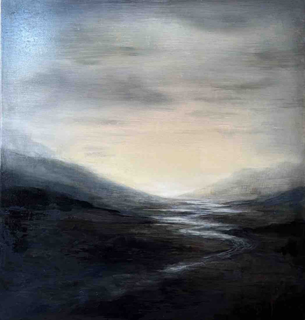Misty valley landscape painting with winding river