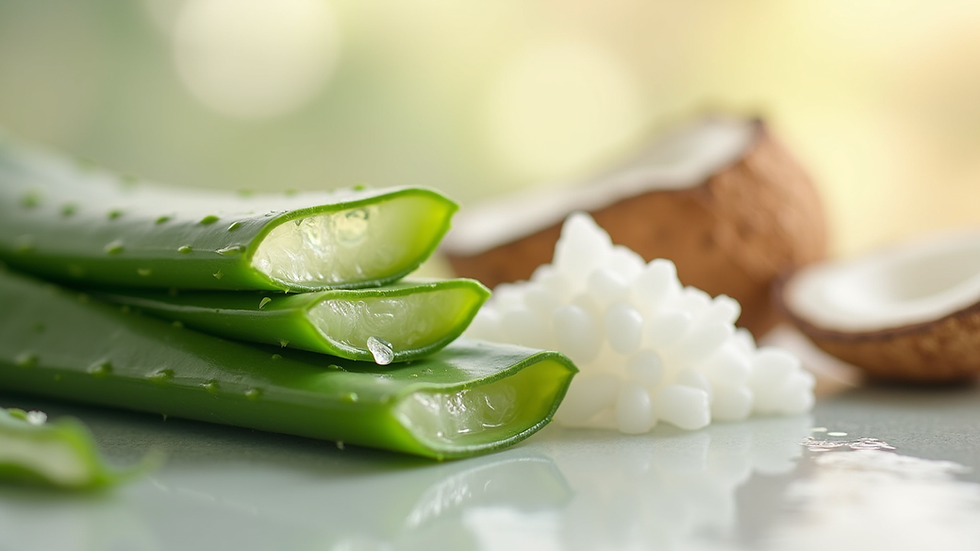 Close-up view of natural skincare ingredients like aloe vera and coconut oil