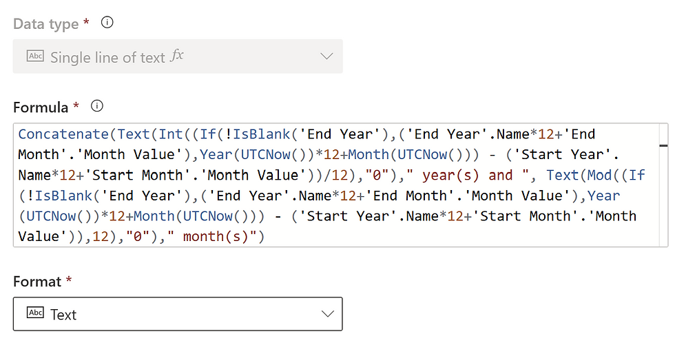 Text interface showing a formula field with code for calculating date differences. Labels include "Data type" and "Format."