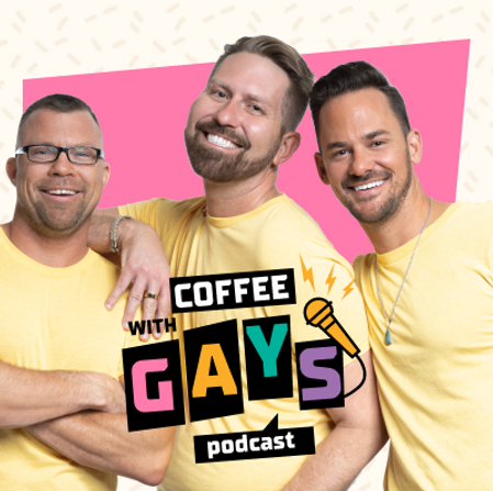 Blaine, Adam, and Ryan, hosts of Coffee with Gays™, posing in yellow shirts with the Coffee with Gays™ logo.