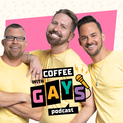 Blaine, Adam, and Ryan posing with the Coffee with Gays™ logo, representing their entertaining and authentic podcast.