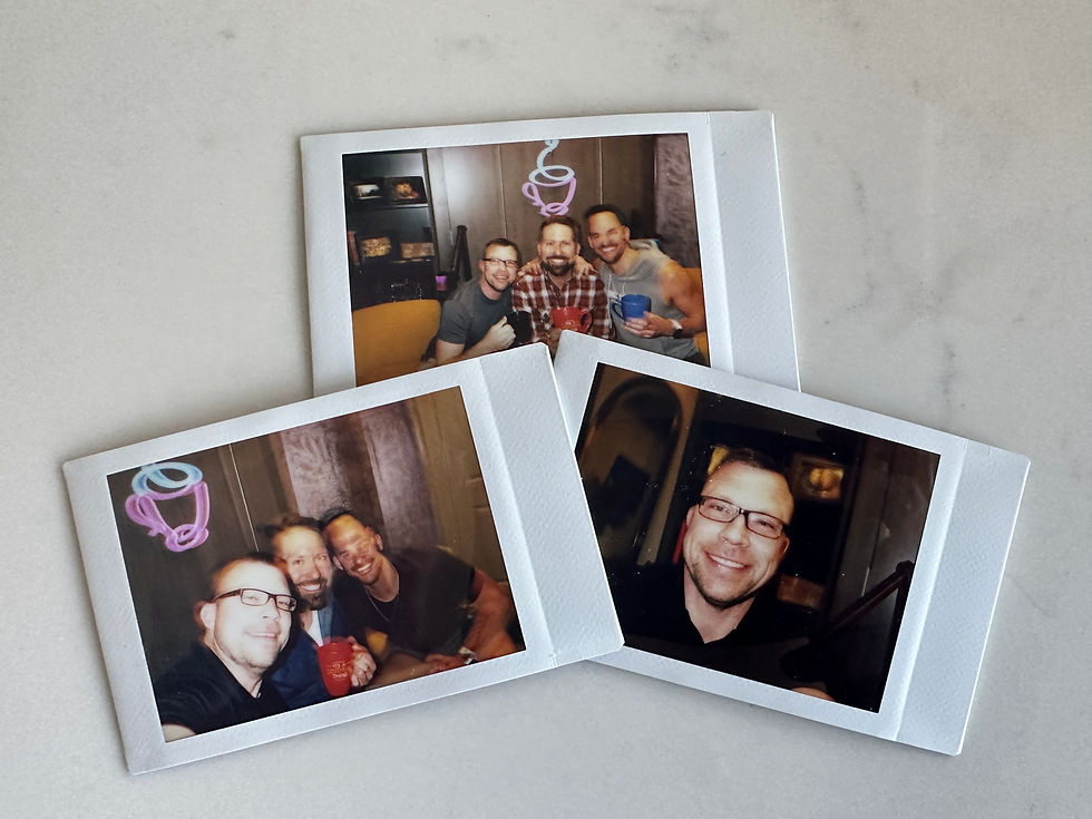 Three polaroids capturing moments during the first filming of Coffee with Gays™, showcasing the fun and candid nature of the podcast.