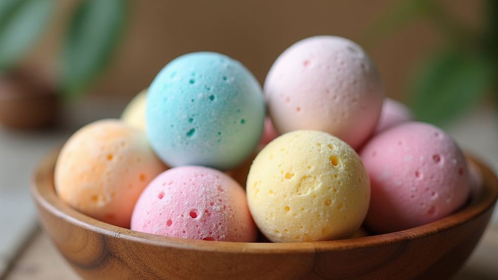 Close-up view of colorful natural bath bombs arranged in a wooden bowl