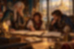 Three fantasy adventurers examine open ledgers by candlelight with a city visible through the windows.