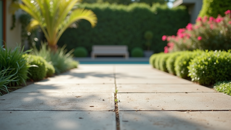Eye-level view of a spacious stamped concrete patio surrounded by greenery