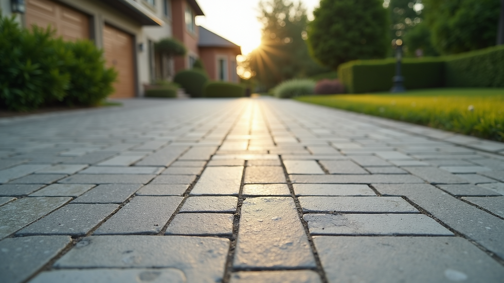 Close-up view of a decorative concrete driveway with unique patterns
