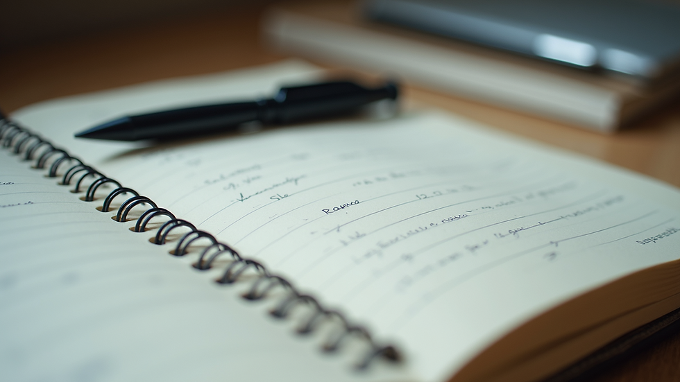 Close-up view of an open notebook with scattered pens and random papers