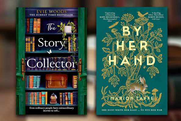 Two book covers. Cover on left shows Book cover shows a bookshelf holding books and various other items plus a plant on the shelves plus title and author text. Cover on right shows green background with gold embossed stylised tree and illustrated hare at base of tree plus title and author text