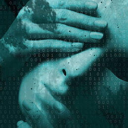 two hands holding a mask with binary code over lay