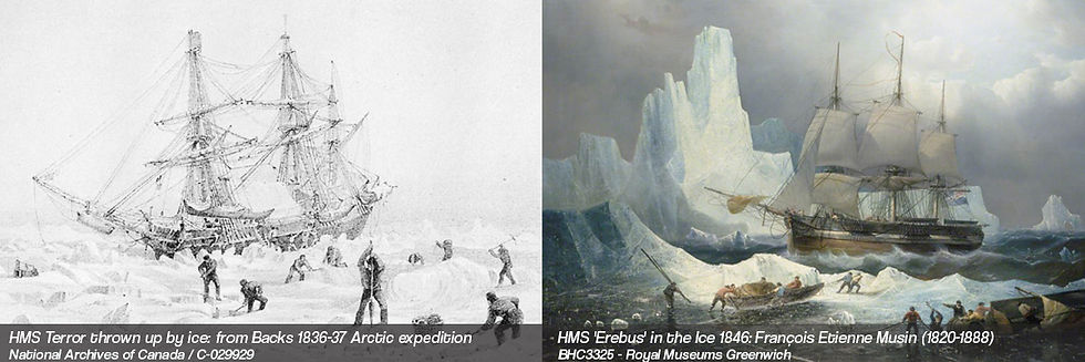 On left is grainy black and white image of an engraving after drawing of a sailing ship stuck in ice with its crew working on the ice surface in front of it digging holes and cutting blocks of ice. The image on the right is a colour oil painting from 1846 of a sailing ship on rough seas and surrounded by icebergs. The crew are working on the ice flow in the foreground with smaller boats.