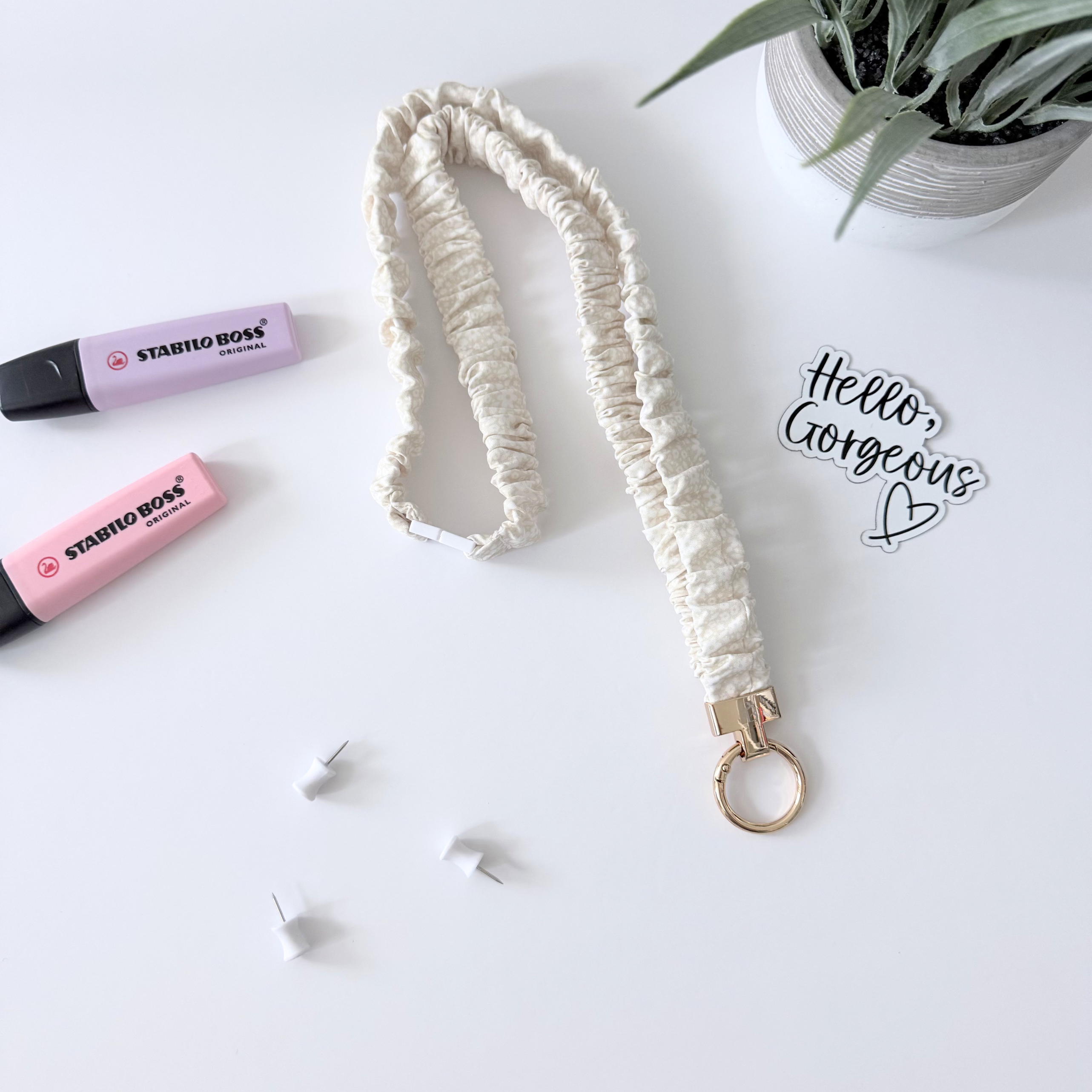 Cream Flowers Scrunchie Lanyard
