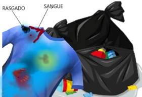 MOSTRA A CAMISA, VISTA POR TRÁS, QUE ESTAVA DENTRO DO SACO DE LIXO
