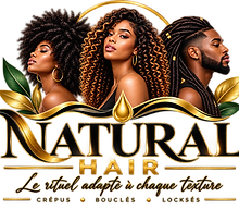 Logo Natural Hair représentant trois profils aux textures de cheveux naturelles, accompagné d’éléments dorés et du slogan « L