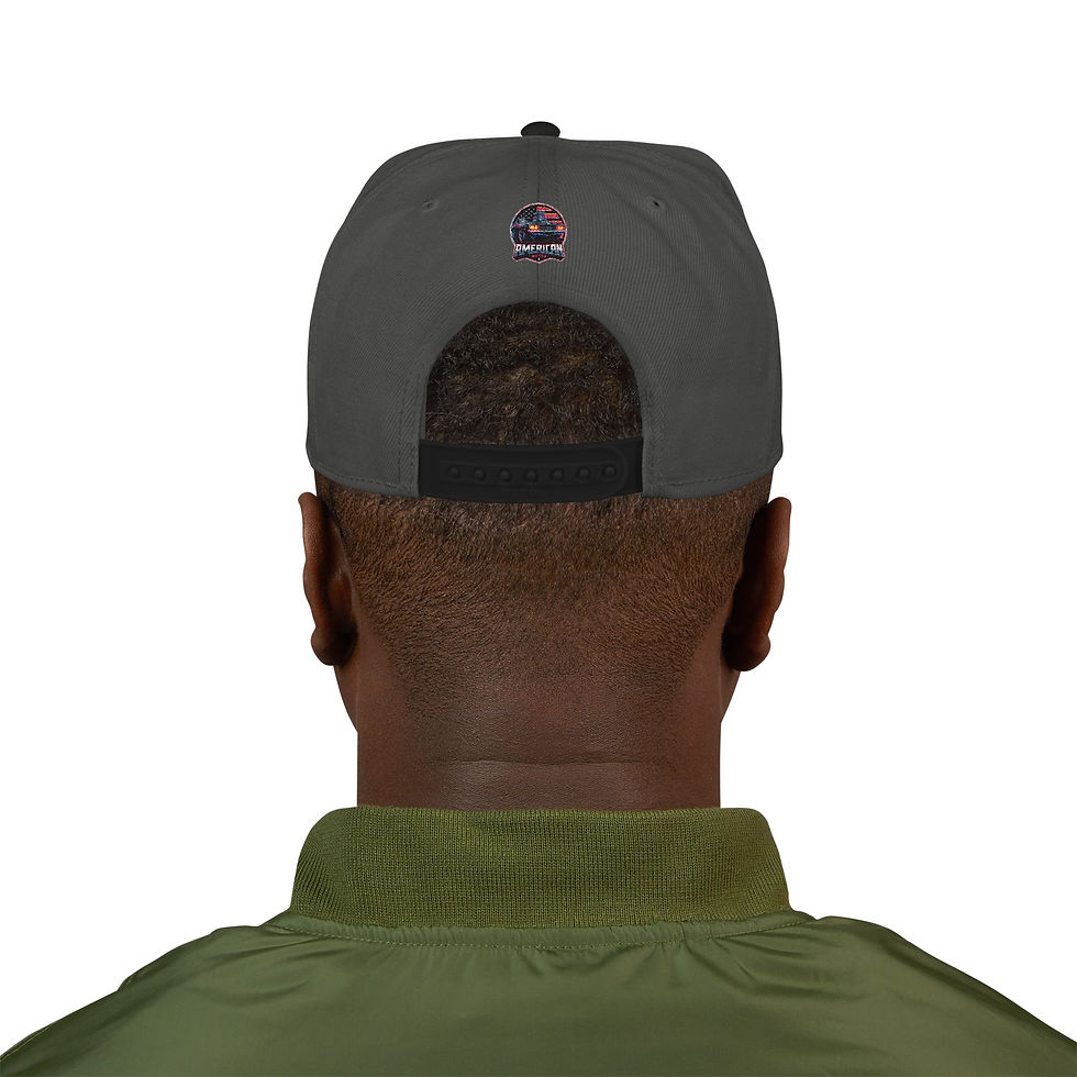 Thumbnail: Embroidered American Motor Co. Snapback Hat — Patriotic Grey & Black Flat-Brim