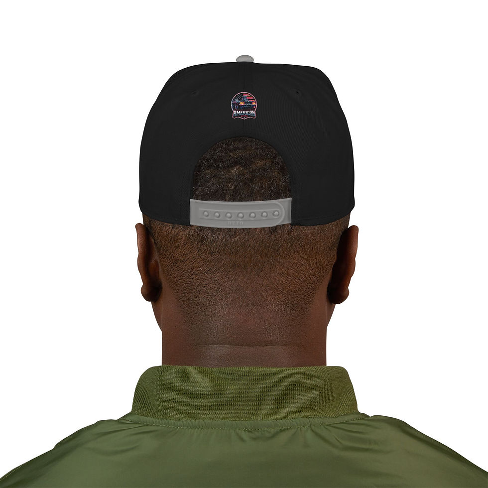 Thumbnail: Embroidered American Motor Co. Snapback Hat — Patriotic Grey & Black Flat-Brim
