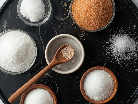 Verschiedene Zuckersorten auf einem schwarzem, rundem Tablett