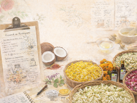 Ayurvedic skincare ingredients with kashayam research notes, jasmine, rose, marigold, coconut, saffron, tulsi, and herbal oils.