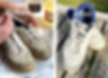 A pair of grubby old trainers on the left, and the same pair of trainers now all clean on the right